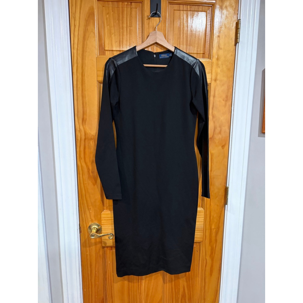 Polo Ralph Lauren Black Sheath Dress Faux Leather Trim Long Sleeve Minimalist